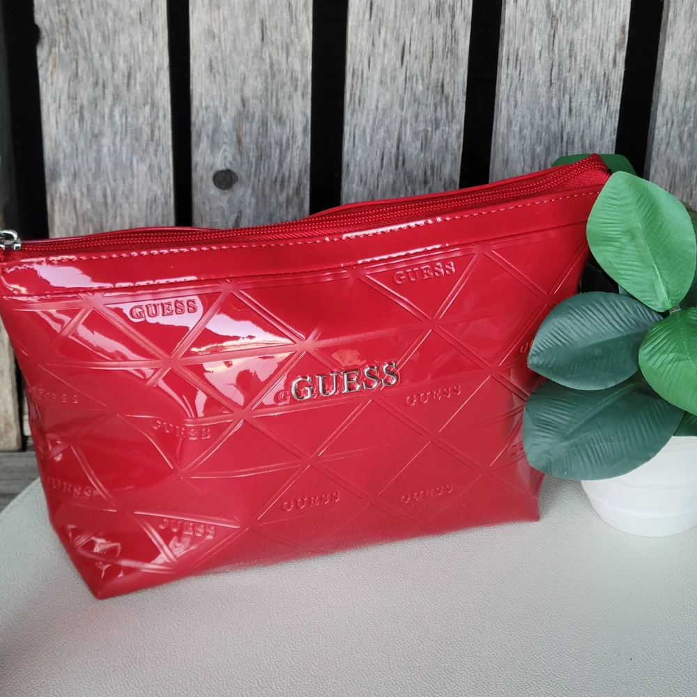 Red Patent GUESS Shiny Finish Embossed Cosmetic Zip Pouch